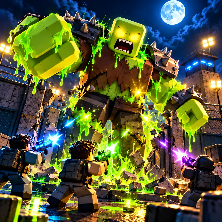 A giant green zombie boss stomps toward a squad of Roblox players