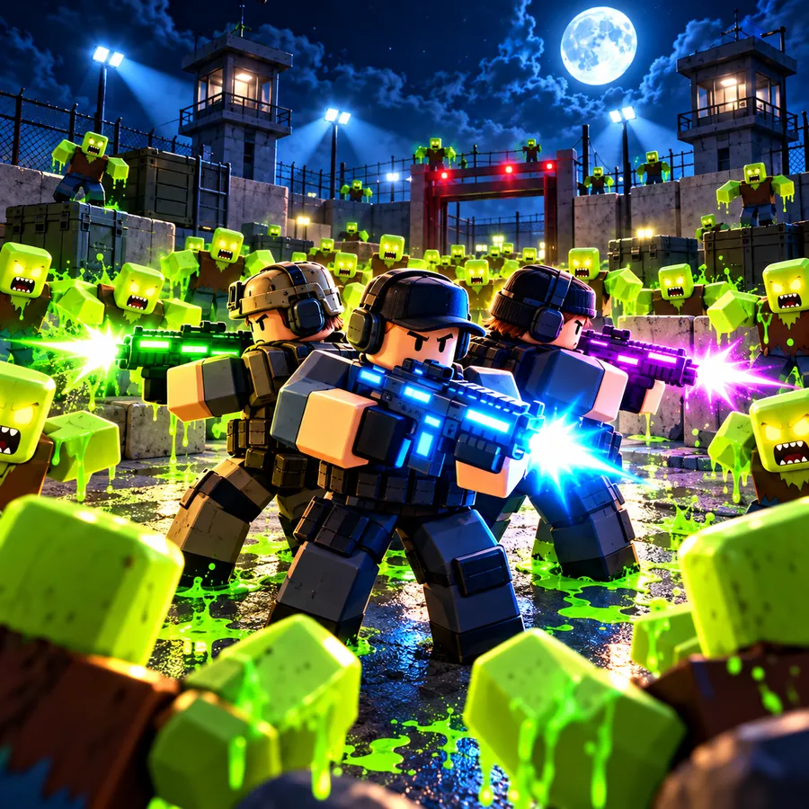 Three Roblox players stand back to back firing blasters at zombies closing in